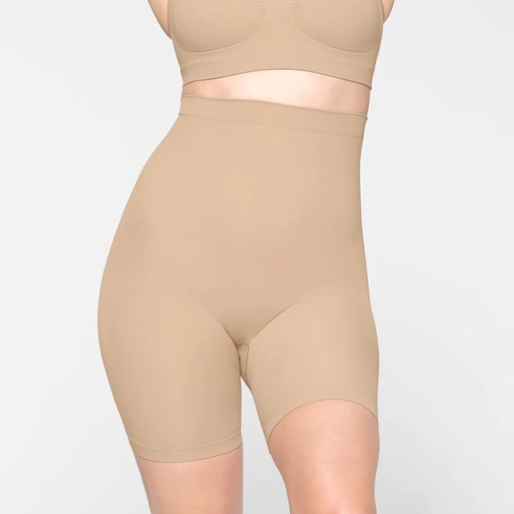 SKIMS Sculpt Seamless Shaping Mid Thigh High Waisted Shorts In Clay Nude